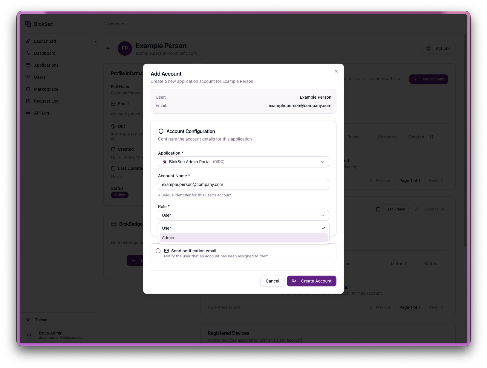 Add account form with the Admin Portal application selected and the Role set to Admin
