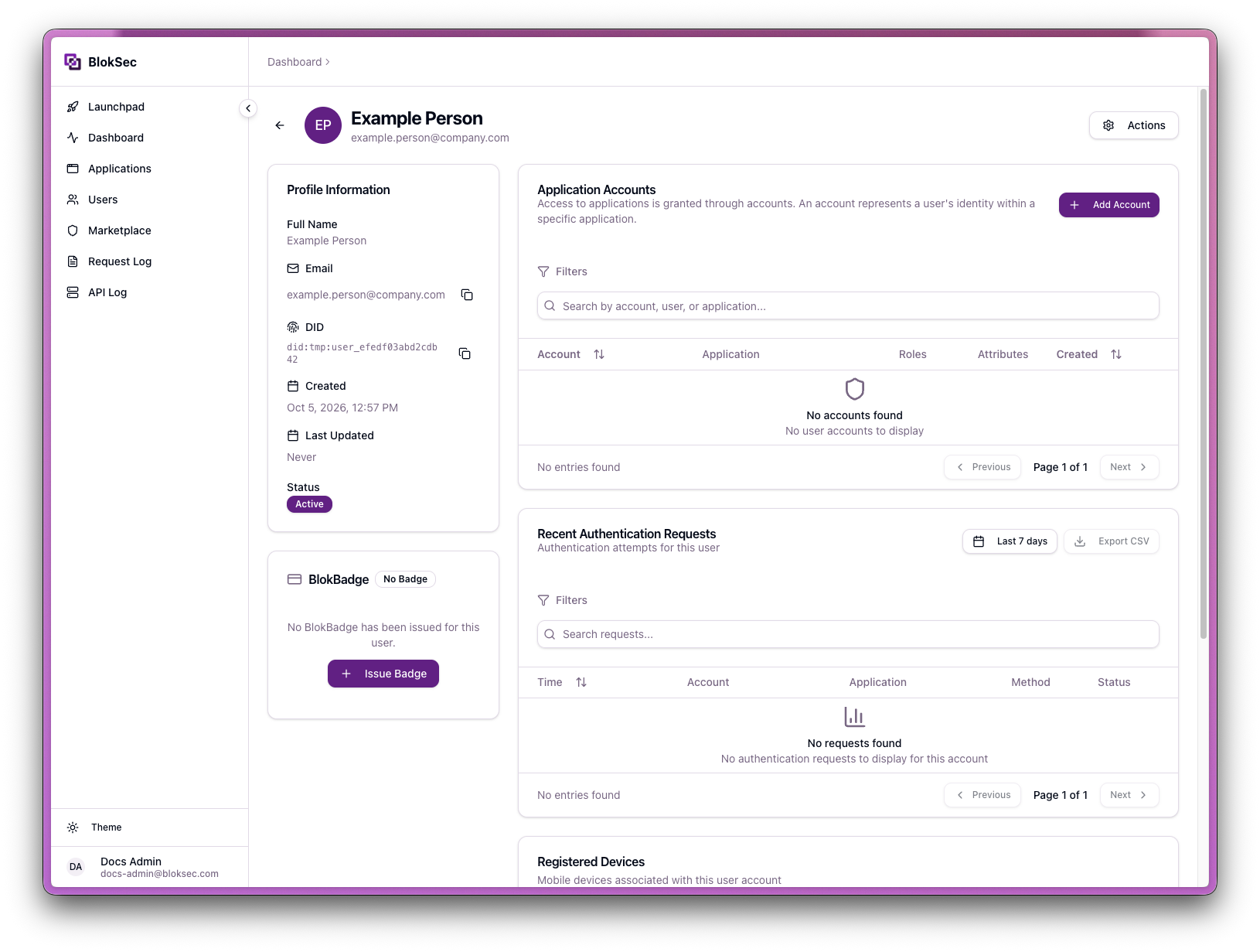 New user's details showing their name, email address, and an empty Application Accounts list