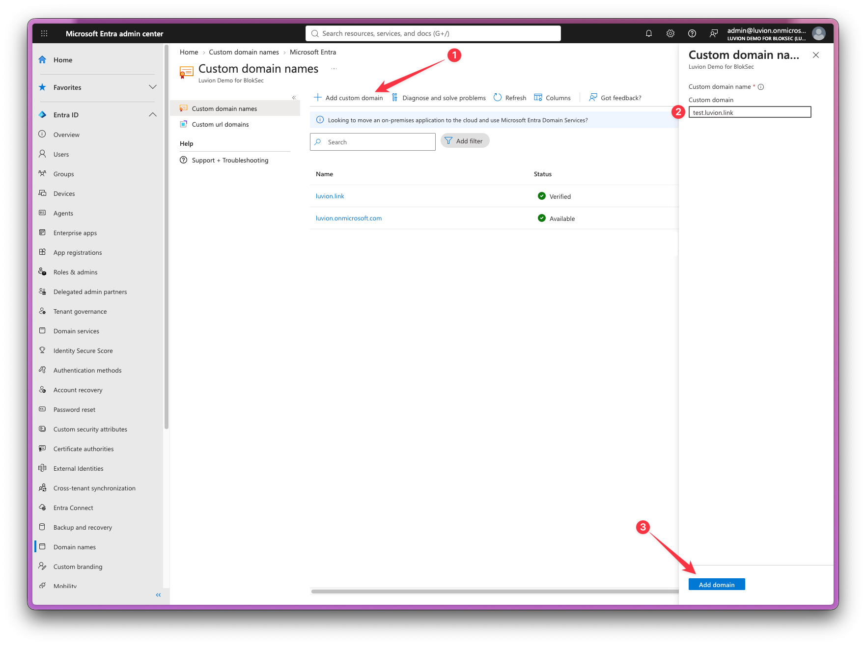 Add custom domain panel with test.luvion.link entered in the Custom domain name field