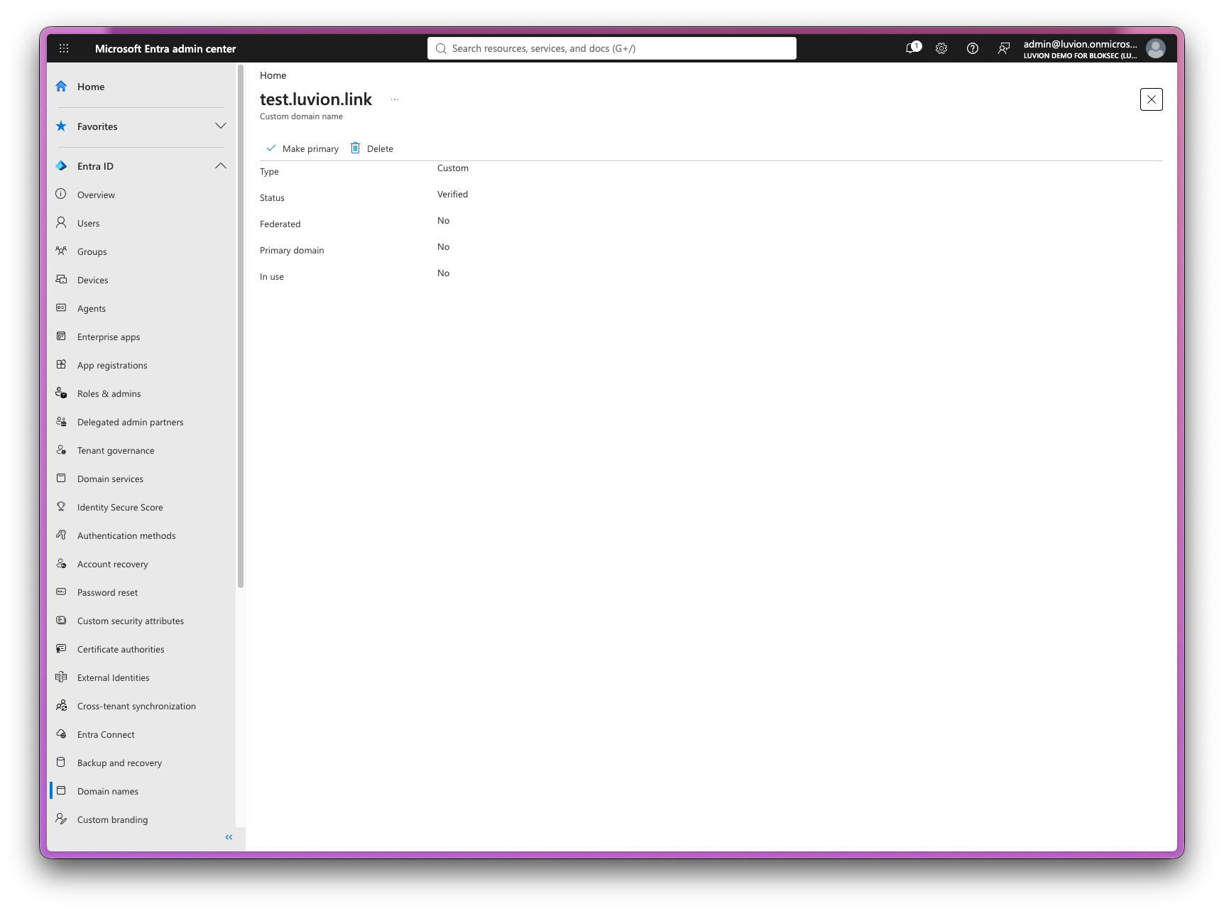 Microsoft Entra admin center confirmation that test.luvion.link was added