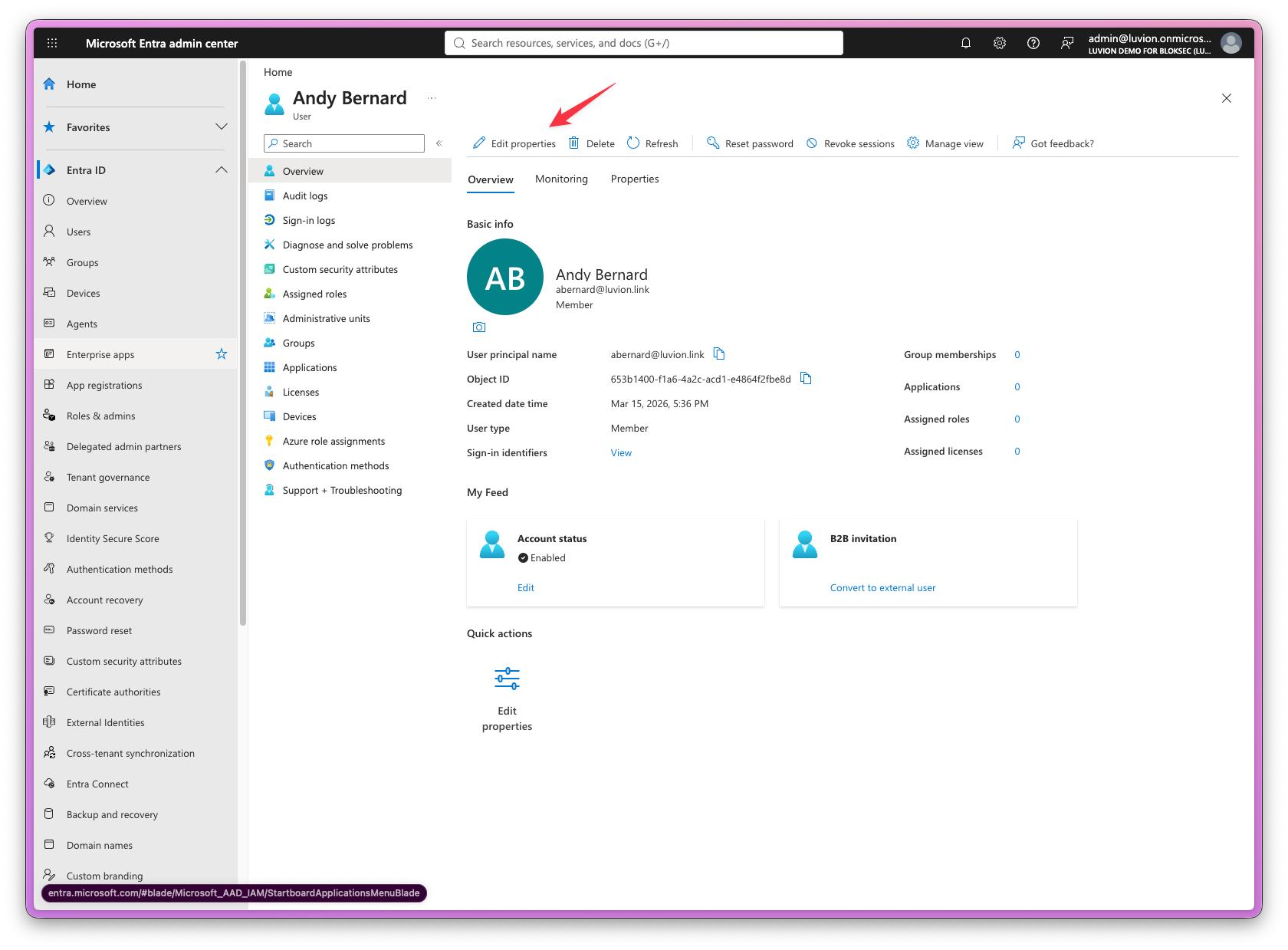 Microsoft Entra user properties screen with an arrow pointing at the Edit properties button
