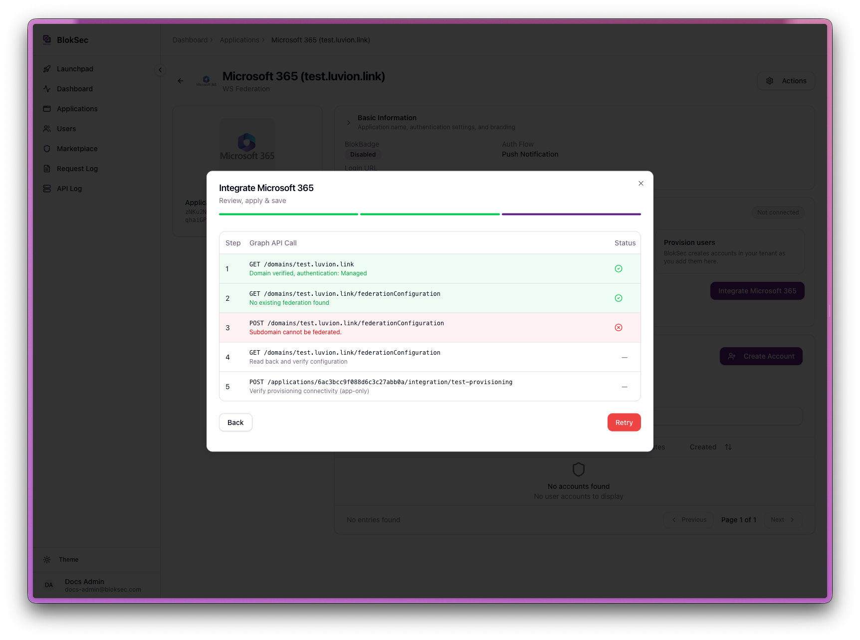 BlokSec federation wizard showing the error Subdomain cannot be federated for test.luvion.link