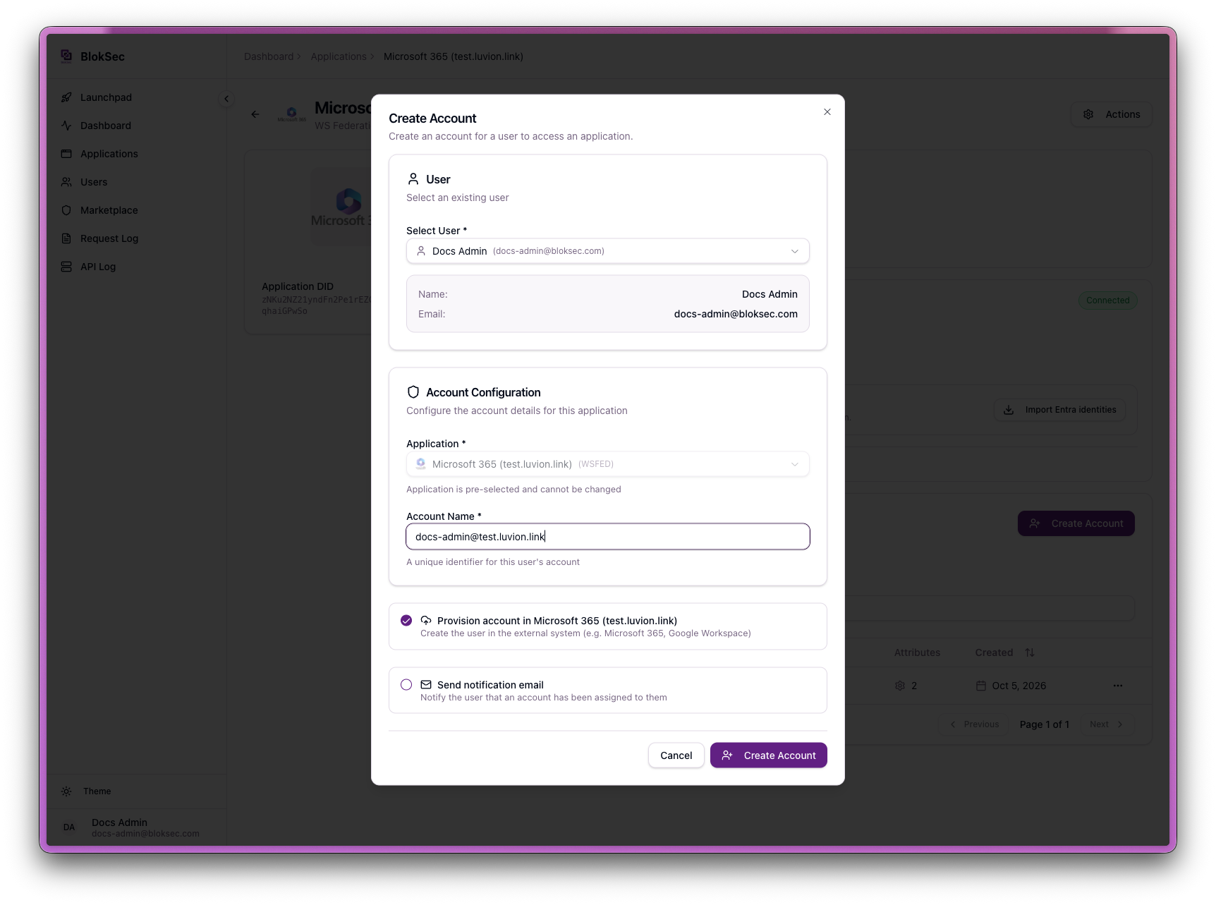 Create Account form for the Microsoft 365 application with a user selected, the Entra UPN entered as the Account Name, and the Provision account in Microsoft 365 checkbox checked