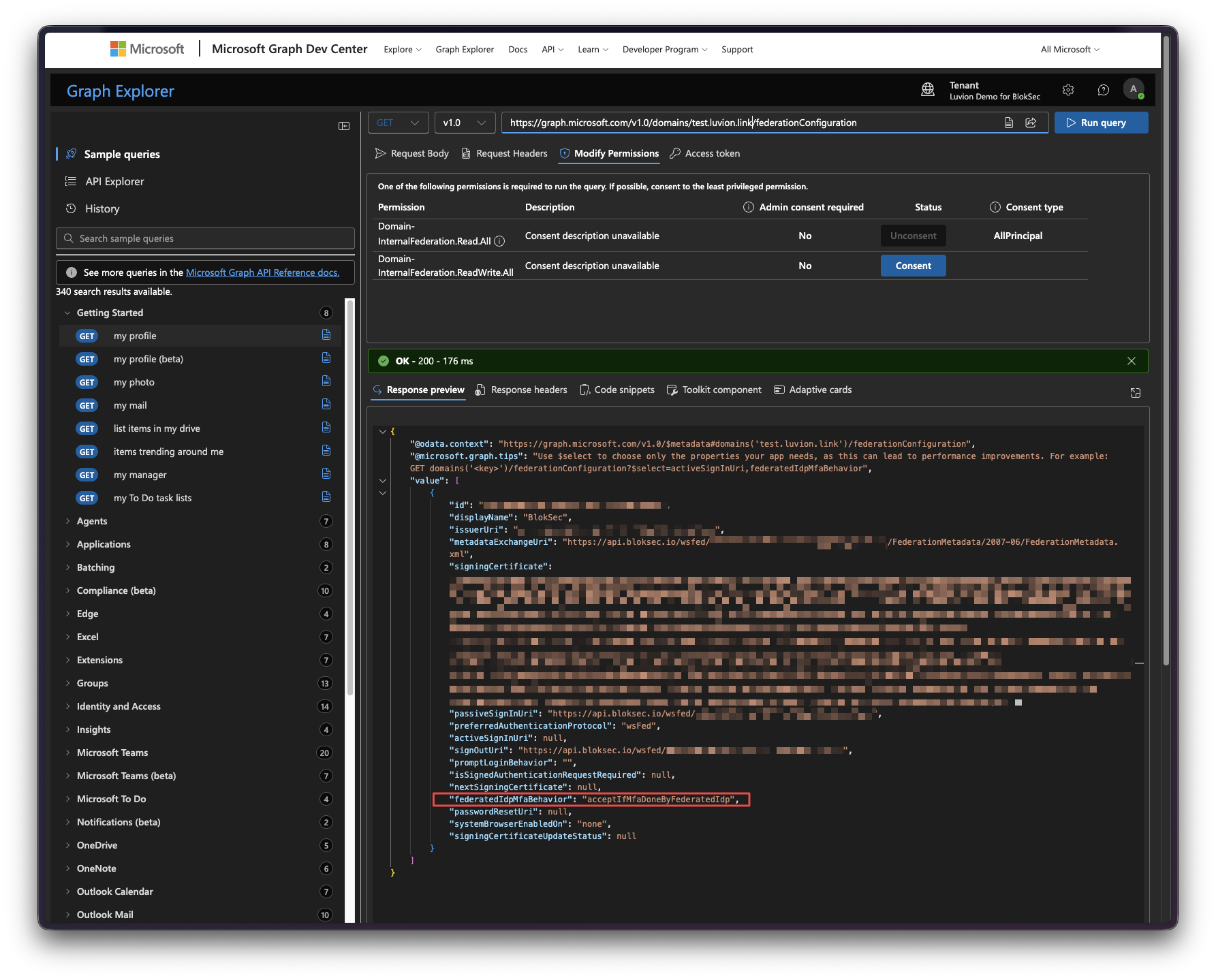 Graph Explorer response for the domain's federation configuration with federatedIdpMfaBehavior set to acceptIfMfaDoneByFederatedIdp