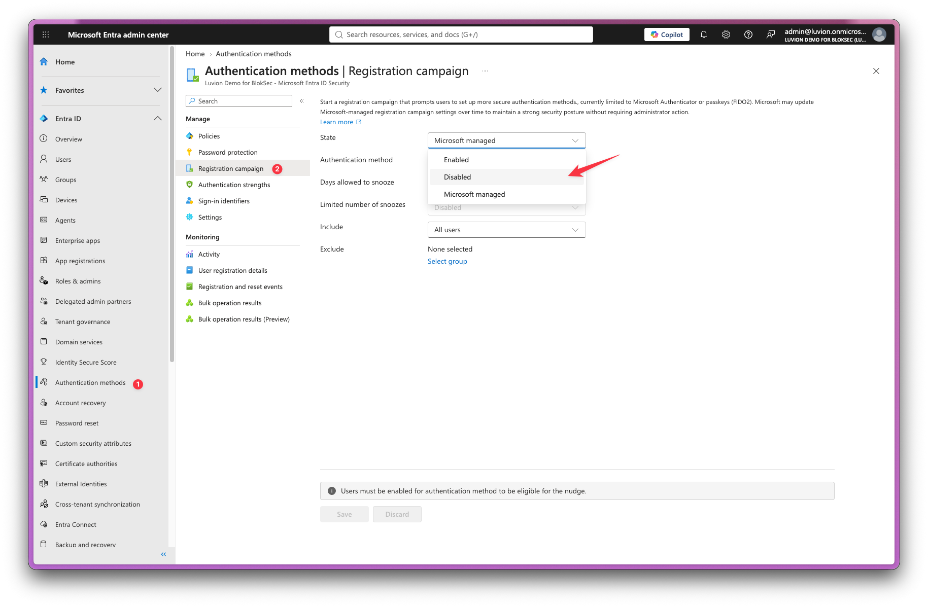 Authentication methods registration campaign settings with State set to Disabled