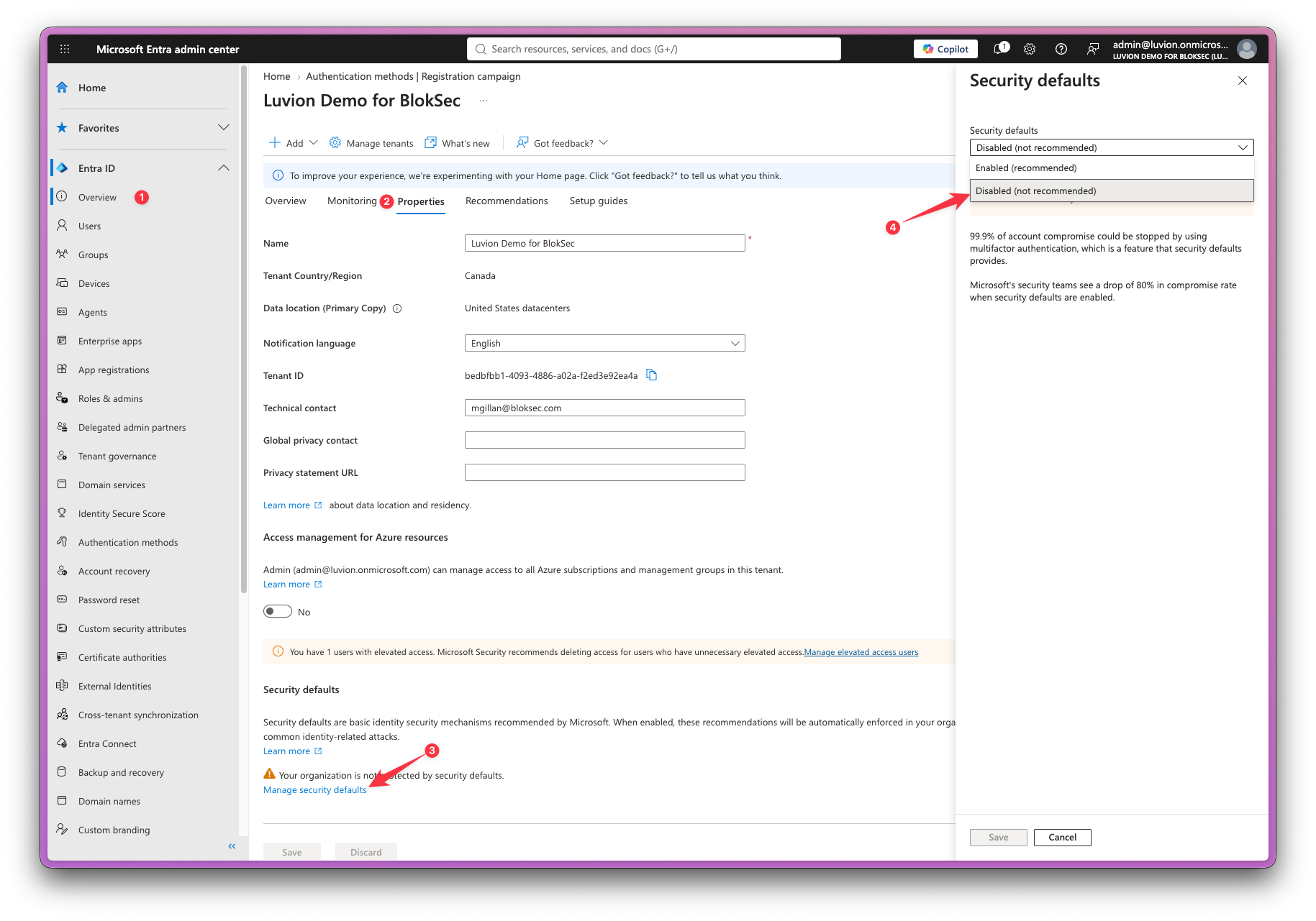 Manage security defaults panel with Security defaults set to Disabled