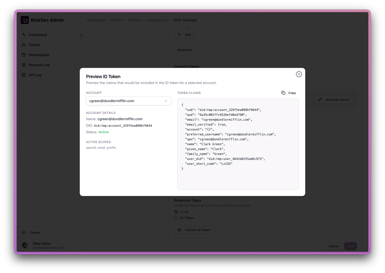 Preview ID Token dialog showing an account selector and the resulting ID token claims