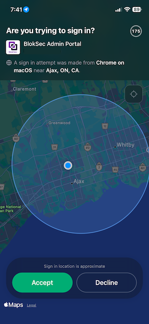Authentication approval screen showing request details, account selector, and location map